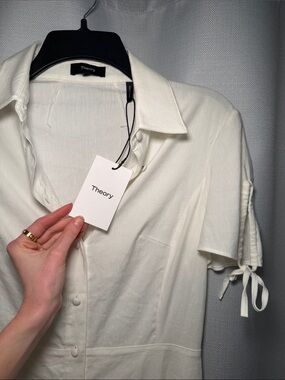 Theory Ivory Button-Front Short Sleeve Mini Dress